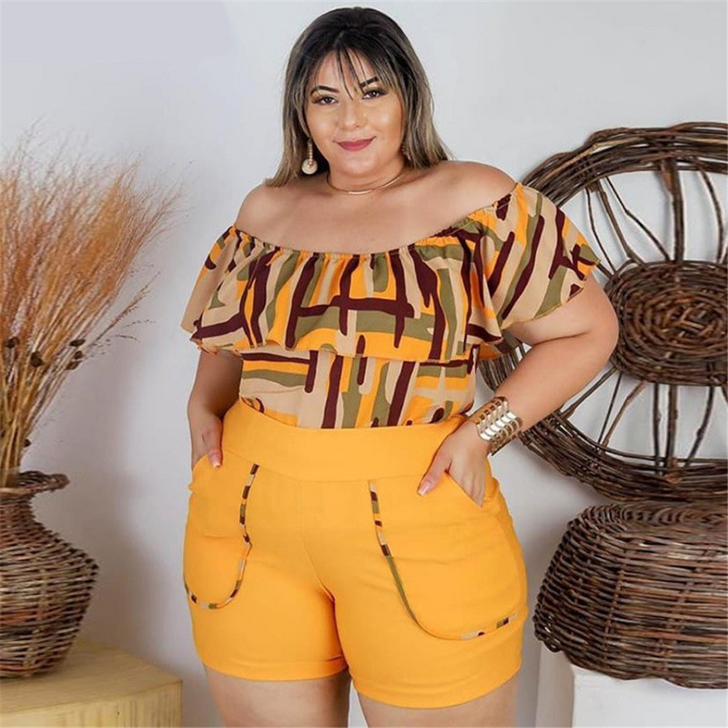 Plus Size 4XL σετ δύο τεμαχίων για γυναίκες με κοντό μανίκι Slash λαιμόκοψη στη μέση γεωμετρική εκτύπωση πάνω από το γόνατο Χονδρική Dropshipping