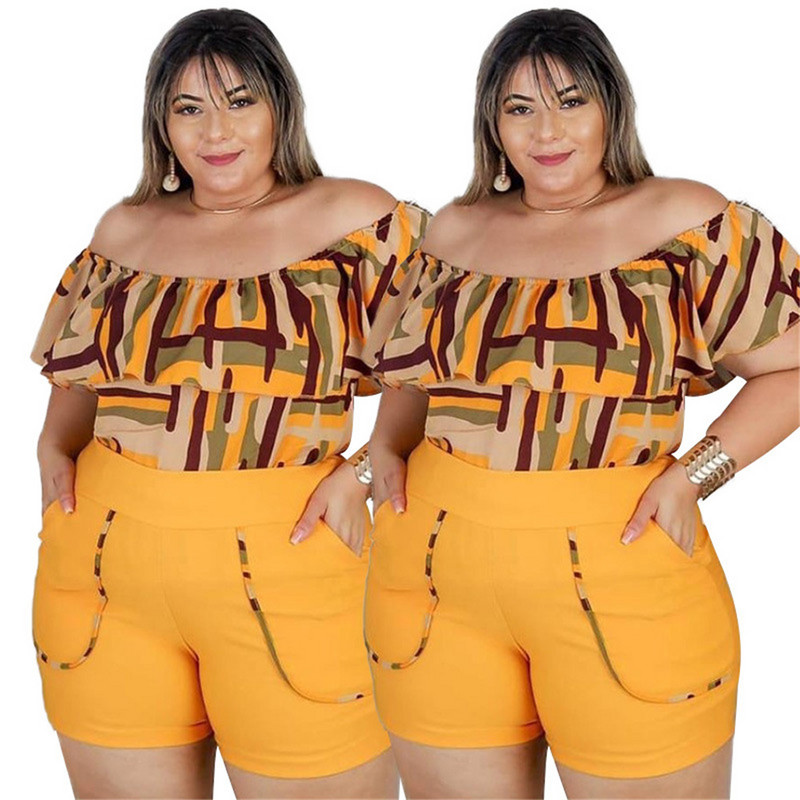 Plus Size 4XL σετ δύο τεμαχίων για γυναίκες με κοντό μανίκι Slash λαιμόκοψη στη μέση γεωμετρική εκτύπωση πάνω από το γόνατο Χονδρική Dropshipping