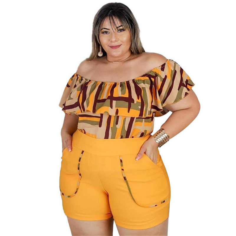 Plus Size 4XL σετ δύο τεμαχίων για γυναίκες με κοντό μανίκι Slash λαιμόκοψη στη μέση γεωμετρική εκτύπωση πάνω από το γόνατο Χονδρική Dropshipping