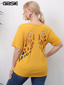 GIBSIE Plus Size Solid Cut Out πίσω Γυναικείο T-shirt με λαιμόκοψη καλοκαιρινά κοντά μανίκια Streetwear Casual γυναικεία μπλουζάκια Κορεάτικα ρούχα