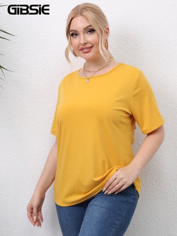 GIBSIE Plus Size Solid Cut Out πίσω Γυναικείο T-shirt με λαιμόκοψη καλοκαιρινά κοντά μανίκια Streetwear Casual γυναικεία μπλουζάκια Κορεάτικα ρούχα