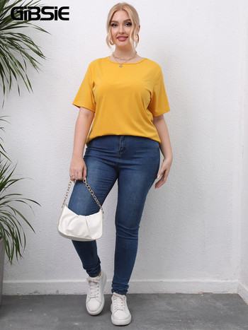 GIBSIE Plus Size Solid Cut Out πίσω Γυναικείο T-shirt με λαιμόκοψη καλοκαιρινά κοντά μανίκια Streetwear Casual γυναικεία μπλουζάκια Κορεάτικα ρούχα