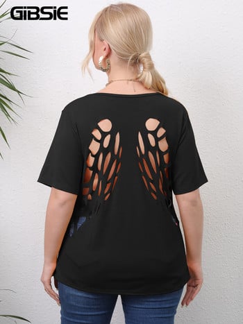 GIBSIE Plus Size Solid Cut Out πίσω Γυναικείο T-shirt με λαιμόκοψη καλοκαιρινά κοντά μανίκια Streetwear Casual γυναικεία μπλουζάκια Κορεάτικα ρούχα