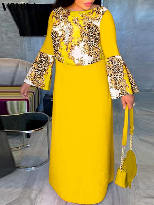 Liela izmēra 5XL VONDA sieviešu bohēmiska gara kleita 2023. gada trompetes piedurknēm, apdrukāta satīna savārstījums Maxi Vestido O kakla ballītei