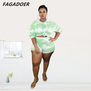 FAGADOER Fashion Plus Size Tie Dye Print Two Piece Σετ Γυναικείο μακρυμάνικο μπλουζάκι με στρογγυλή λαιμόκοψη + σορτς αθλητικές φόρμες casual 2 τεμ.