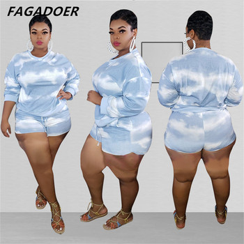 FAGADOER Fashion Plus Size Tie Dye Print Two Piece Σετ Γυναικείο μακρυμάνικο μπλουζάκι με στρογγυλή λαιμόκοψη + σορτς αθλητικές φόρμες casual 2 τεμ.