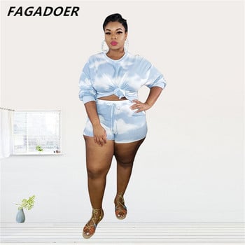 FAGADOER Fashion Plus Size Tie Dye Print Two Piece Σετ Γυναικείο μακρυμάνικο μπλουζάκι με στρογγυλή λαιμόκοψη + σορτς αθλητικές φόρμες casual 2 τεμ.