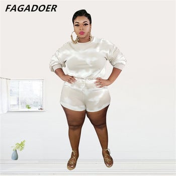 FAGADOER Fashion Plus Size Tie Dye Print Two Piece Σετ Γυναικείο μακρυμάνικο μπλουζάκι με στρογγυλή λαιμόκοψη + σορτς αθλητικές φόρμες casual 2 τεμ.