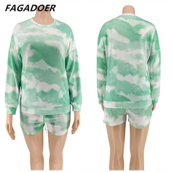 FAGADOER Fashion Plus Size Tie Dye Print Two Piece Σετ Γυναικείο μακρυμάνικο μπλουζάκι με στρογγυλή λαιμόκοψη + σορτς αθλητικές φόρμες casual 2 τεμ.