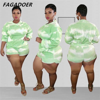 FAGADOER Fashion Plus Size Tie Dye Print Seturi Două Piese Femei Gât Rotund Mânecă Lungă Top + Pantaloni scurți Treninguri Casual 2buc Ținute