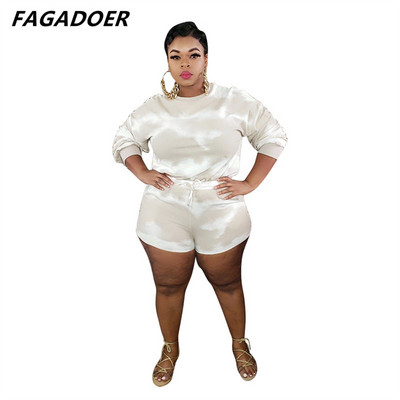 FAGADOER Fashion Plus Size Tie Dye Print Two Piece Σετ Γυναικείο μακρυμάνικο μπλουζάκι με στρογγυλή λαιμόκοψη + σορτς αθλητικές φόρμες casual 2 τεμ.