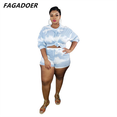 FAGADOER Fashion Plus Size Tie Dye Print Two Piece Σετ Γυναικείο μακρυμάνικο μπλουζάκι με στρογγυλή λαιμόκοψη + σορτς αθλητικές φόρμες casual 2 τεμ.