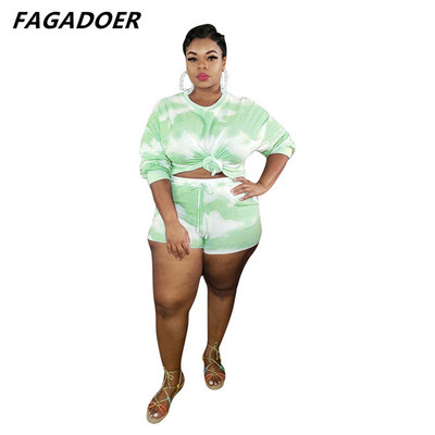 FAGADOER Fashion Plus Size Tie Dye Print Two Piece Σετ Γυναικείο μακρυμάνικο μπλουζάκι με στρογγυλή λαιμόκοψη + σορτς αθλητικές φόρμες casual 2 τεμ.