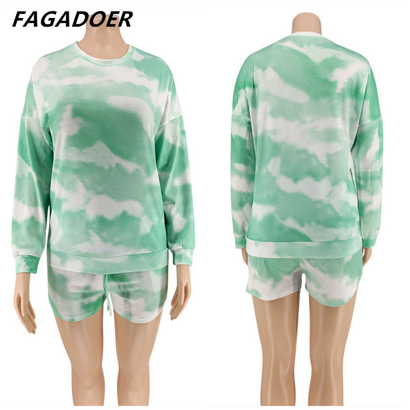 FAGADOER Fashion Plus Size Tie Dye Print Two Piece Σετ Γυναικείο μακρυμάνικο μπλουζάκι με στρογγυλή λαιμόκοψη + σορτς αθλητικές φόρμες casual 2 τεμ.