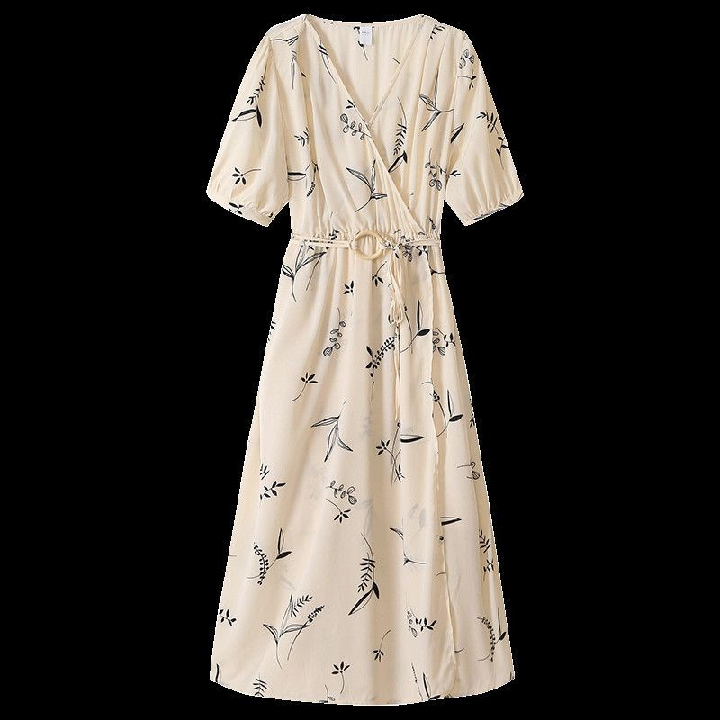 Modes apdruka ar V-veida kakla izgriezumu, mežģīņu dekorēšana, brīvi vasaras plāni burbuļi ar īsām piedurknēm liela izmēra sieviešu apģērbi, Midi A-line kleita