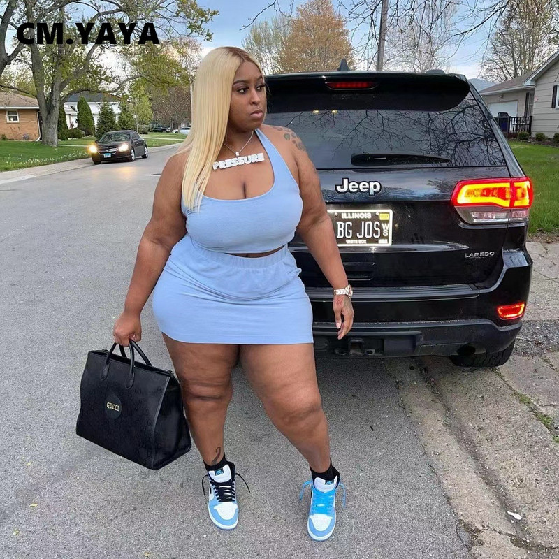 CM.YAYA sieviešu lielizmēra komplekts Solid Crop Tanks Topi Elastīgi Mini svārki Divi 2 Daļu komplekti Ikdienas treniņtērps Modes tērpi Vasarā