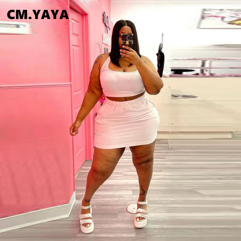 CM.YAYA sieviešu lielizmēra komplekts Solid Crop Tanks Topi Elastīgi Mini svārki Divi 2 Daļu komplekti Ikdienas treniņtērps Modes tērpi Vasarā