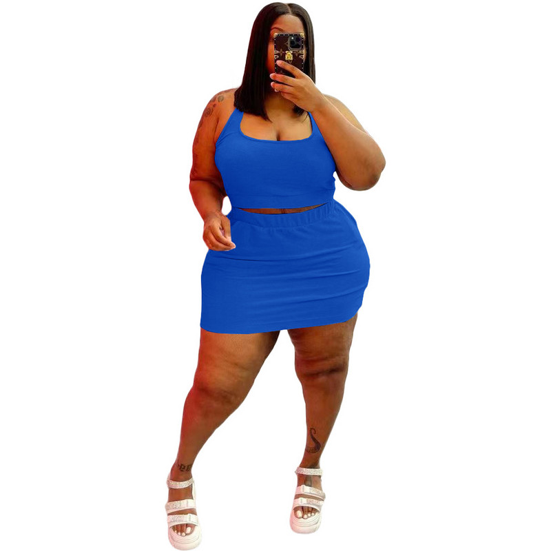 CM.YAYA sieviešu lielizmēra komplekts Solid Crop Tanks Topi Elastīgi Mini svārki Divi 2 Daļu komplekti Ikdienas treniņtērps Modes tērpi Vasarā