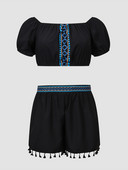 Finjani Liela izmēra divdaļīgs komplekts Sieviešu tērpi Vasaras sieviešu apģērbi Thnic Style melns tops un šorti ar bārkstīm apakšmalu komplekti