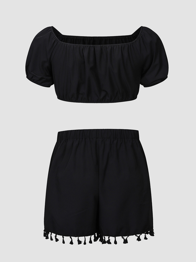 Finjani Liela izmēra divdaļīgs komplekts Sieviešu tērpi Vasaras sieviešu apģērbi Thnic Style melns tops un šorti ar bārkstīm apakšmalu komplekti