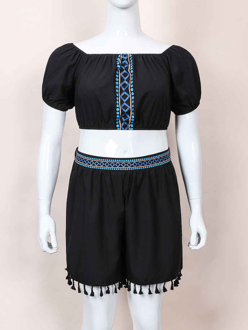 Finjani Liela izmēra divdaļīgs komplekts Sieviešu tērpi Vasaras sieviešu apģērbi Thnic Style melns tops un šorti ar bārkstīm apakšmalu komplekti