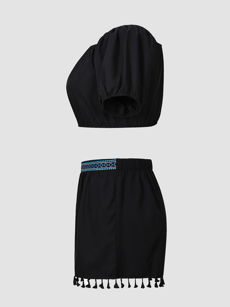 Finjani Liela izmēra divdaļīgs komplekts Sieviešu tērpi Vasaras sieviešu apģērbi Thnic Style melns tops un šorti ar bārkstīm apakšmalu komplekti