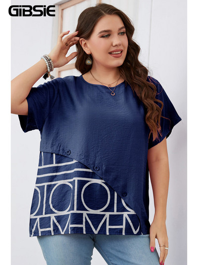 GIBSIE lielizmēra pogas apdruka Ikdienas T krekls Sieviešu vasaras īsās piedurknes T-krekls ar O veida kakla izgriezumu liela izmēra sieviešu korejiešu apģērbi 1XL 2XL 3XL