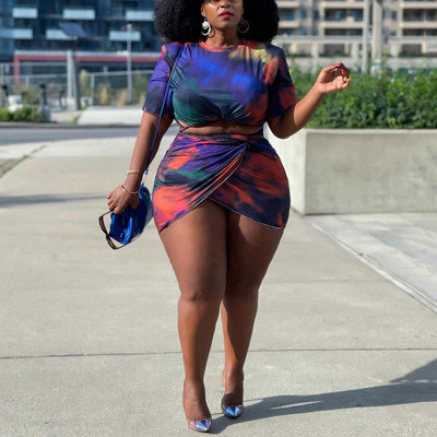 Liela izmēra svārku komplekti sievietēm Bodycon Printed African Sieviešu blūzes un mini svārki Seksīgi eleganti vakara nakts lielu tērpu komplekti