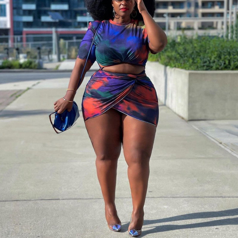 Liela izmēra svārku komplekti sievietēm Bodycon Printed African Sieviešu blūzes un mini svārki Seksīgi eleganti vakara nakts lielu tērpu komplekti