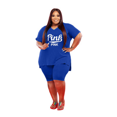 XL-5XL 2022. gada vasaras sieviešu apģērbi, ikdienas sporta apģērbi, sieviešu kostīmi ar īsām piedurknēm ar V kakla izgriezumu, lielizmēra divu gabalu komplekti, vairumtirdzniecība