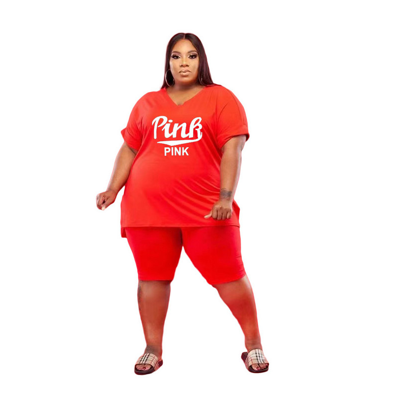 XL-5XL 2022. gada vasaras sieviešu apģērbi, ikdienas sporta apģērbi, sieviešu kostīmi ar īsām piedurknēm ar V kakla izgriezumu, lielizmēra divu gabalu komplekti, vairumtirdzniecība