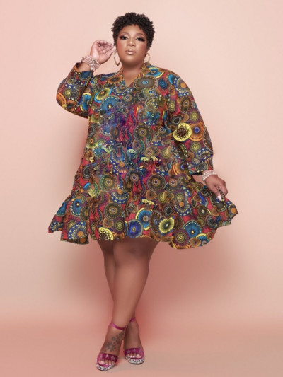 CM.YAYA Γυναικείο φόρεμα σε συν μέγεθος τύπωμα με πλήρες μανίκι με λαιμόκοψη στο γόνατο Φαρδιά μάξι φορέματα Σέξι μόδα Vestidos Φθινοπωρινά ρούχα 2021