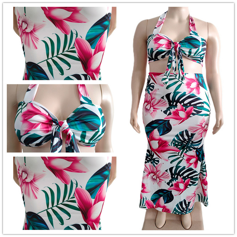 Φόρεμα με λουλουδένιο στάμπα 2 τεμαχίων ασορτί σετ φορέματος 4XL Καλοκαιρινό παπιγιόν Crop Top Long Maxi Bodycon Φούστα