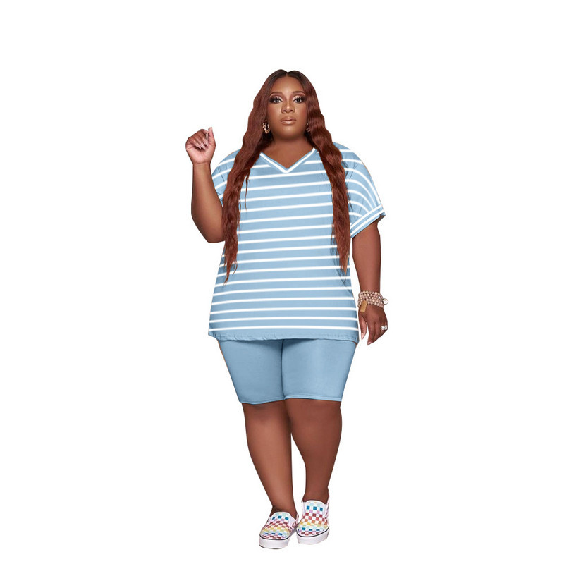 Vasaras ikdienas lielizmēra sieviešu tops ar īsām piedurknēm divdaļīgs īss komplekts Modes svītru tērpi vairumtirdzniecība dropshipping