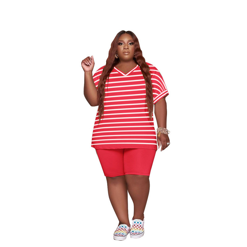 Vasaras ikdienas lielizmēra sieviešu tops ar īsām piedurknēm divdaļīgs īss komplekts Modes svītru tērpi vairumtirdzniecība dropshipping