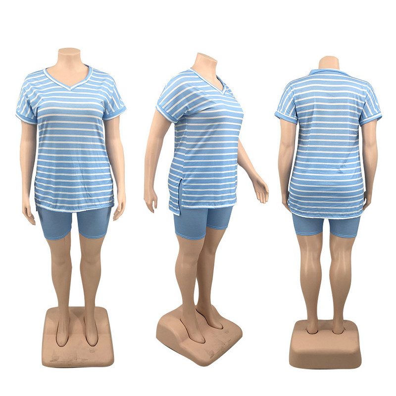 Vasaras ikdienas lielizmēra sieviešu tops ar īsām piedurknēm divdaļīgs īss komplekts Modes svītru tērpi vairumtirdzniecība dropshipping