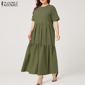 ZANZEA Plus Size Γυναικείο Sundress Summer Elegant O λαιμό κοντό μανίκι asual Ruffle Party Vestido Robe Femme Solid Loose μακρύ φόρεμα