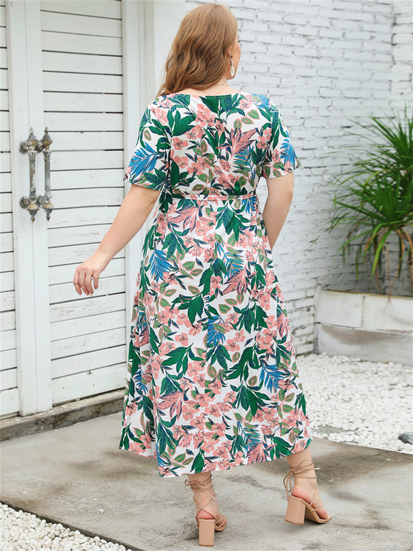 Liela izmēra vasaras jauna Sieviešu kleita ar augstu vidukli ar ziediem Sieviešu ikdienišķa brīva A-līnijas kleita Sieviešu apdruka Kokvilnas gara kleita 5xl