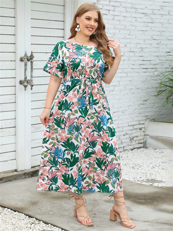 Liela izmēra vasaras jauna Sieviešu kleita ar augstu vidukli ar ziediem Sieviešu ikdienišķa brīva A-līnijas kleita Sieviešu apdruka Kokvilnas gara kleita 5xl