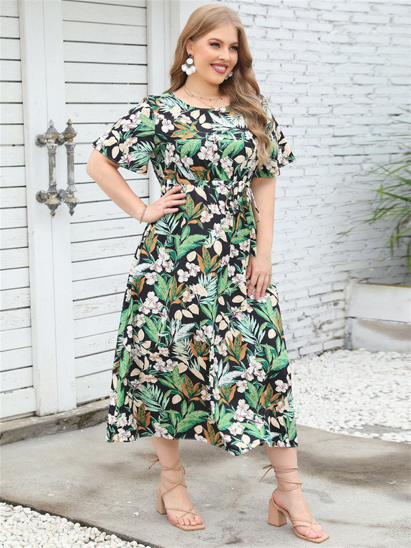 Liela izmēra vasaras jauna Sieviešu kleita ar augstu vidukli ar ziediem Sieviešu ikdienišķa brīva A-līnijas kleita Sieviešu apdruka Kokvilnas gara kleita 5xl