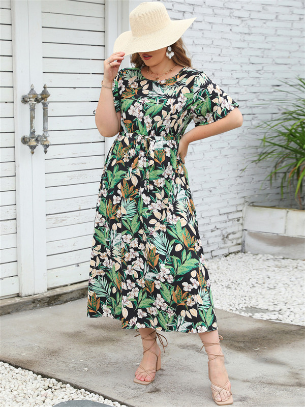 Liela izmēra vasaras jauna Sieviešu kleita ar augstu vidukli ar ziediem Sieviešu ikdienišķa brīva A-līnijas kleita Sieviešu apdruka Kokvilnas gara kleita 5xl