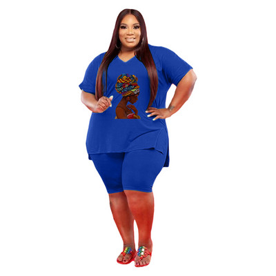 HLJ&GG Liela izmēra sieviešu tērpi L-5XL Ikdienas apdruka ar V kakla izgriezumu un bikeršorti Divdaļīgi komplekti Sieviešu Macthing Sportisks treniņtērps