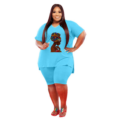 HLJ&GG Liela izmēra sieviešu tērpi L-5XL Ikdienas apdruka ar V kakla izgriezumu un bikeršorti Divdaļīgi komplekti Sieviešu Macthing Sportisks treniņtērps