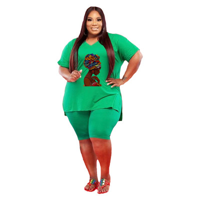 HLJ&GG Liela izmēra sieviešu tērpi L-5XL Ikdienas apdruka ar V kakla izgriezumu un bikeršorti Divdaļīgi komplekti Sieviešu Macthing Sportisks treniņtērps