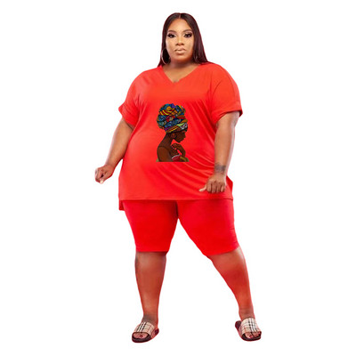 HLJ&GG Liela izmēra sieviešu tērpi L-5XL Ikdienas apdruka ar V kakla izgriezumu un bikeršorti Divdaļīgi komplekti Sieviešu Macthing Sportisks treniņtērps