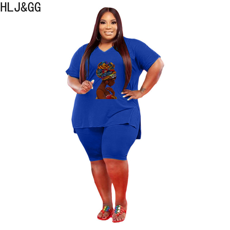 HLJ&GG Liela izmēra sieviešu tērpi L-5XL Ikdienas apdruka ar V kakla izgriezumu un bikeršorti Divdaļīgi komplekti Sieviešu Macthing Sportisks treniņtērps