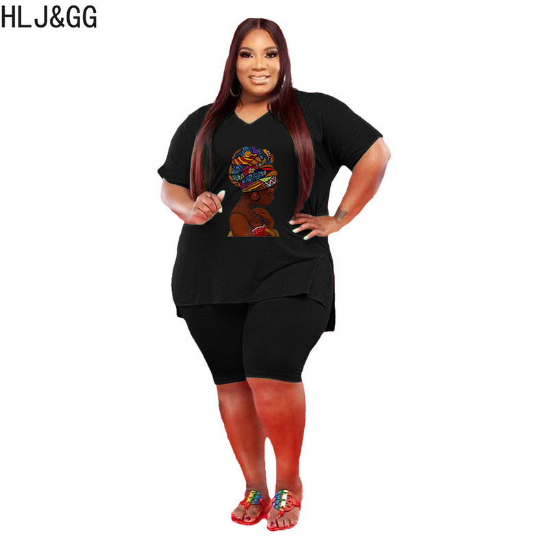 HLJ&GG Liela izmēra sieviešu tērpi L-5XL Ikdienas apdruka ar V kakla izgriezumu un bikeršorti Divdaļīgi komplekti Sieviešu Macthing Sportisks treniņtērps