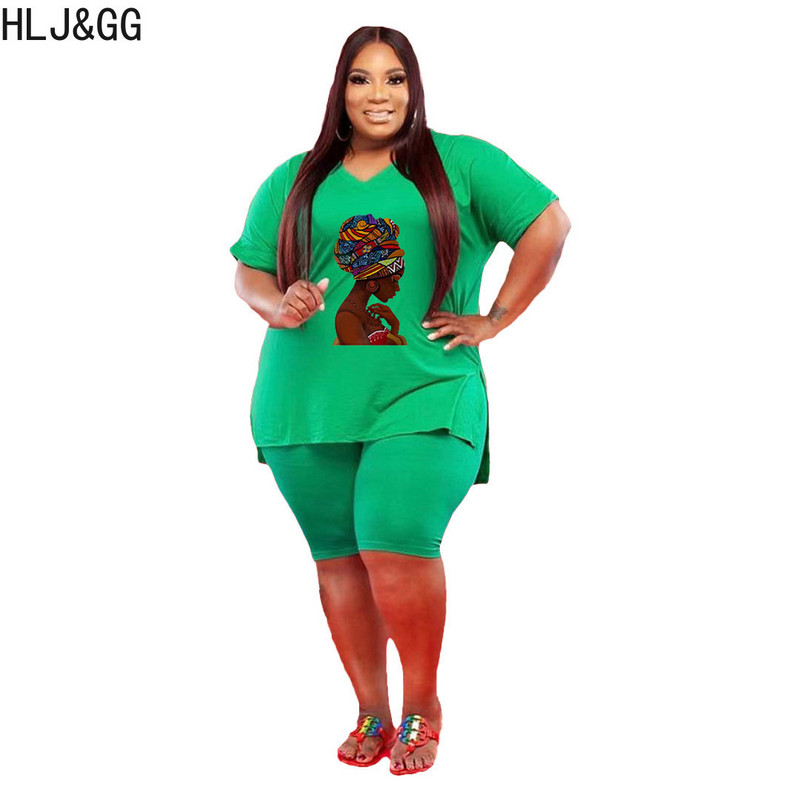 HLJ&GG Liela izmēra sieviešu tērpi L-5XL Ikdienas apdruka ar V kakla izgriezumu un bikeršorti Divdaļīgi komplekti Sieviešu Macthing Sportisks treniņtērps