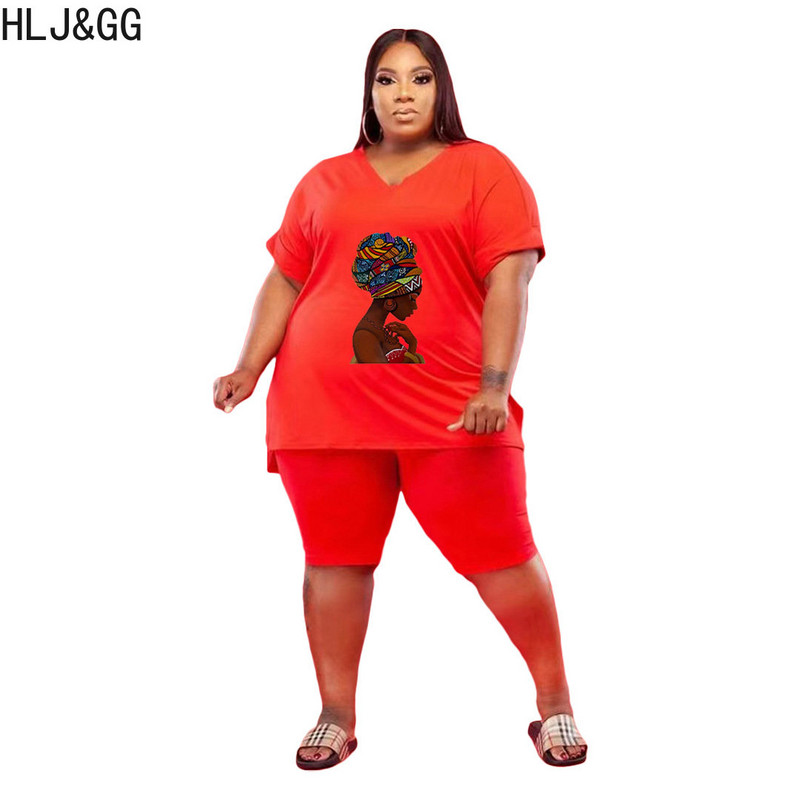 HLJ&GG Liela izmēra sieviešu tērpi L-5XL Ikdienas apdruka ar V kakla izgriezumu un bikeršorti Divdaļīgi komplekti Sieviešu Macthing Sportisks treniņtērps