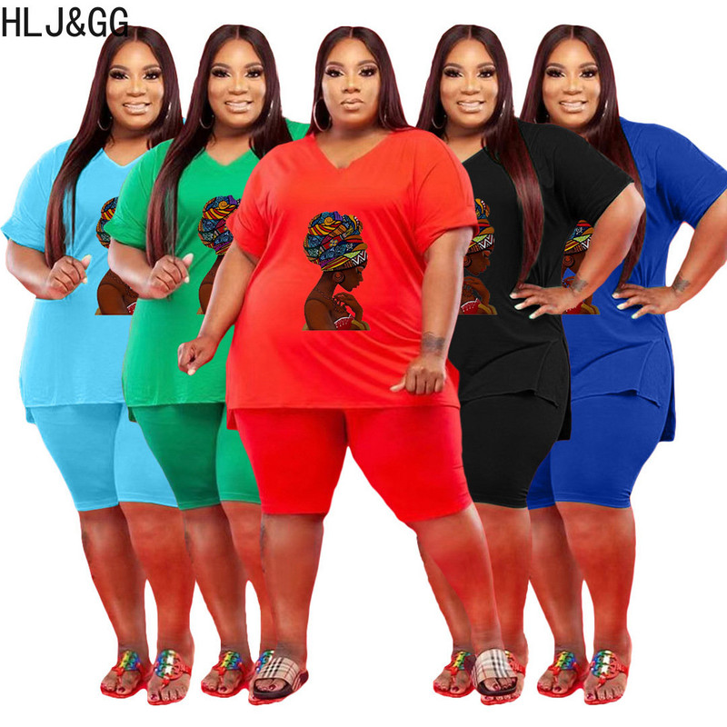 HLJ&GG Liela izmēra sieviešu tērpi L-5XL Ikdienas apdruka ar V kakla izgriezumu un bikeršorti Divdaļīgi komplekti Sieviešu Macthing Sportisks treniņtērps